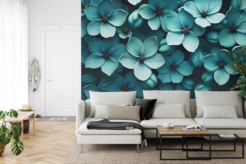 Teal Floral Wallpaper Mural | Blooming Flower Wall Decal