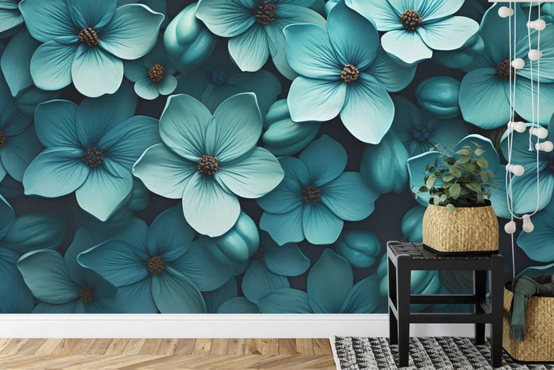 Teal Floral Wallpaper Mural | Blooming Flower Wall Decal
