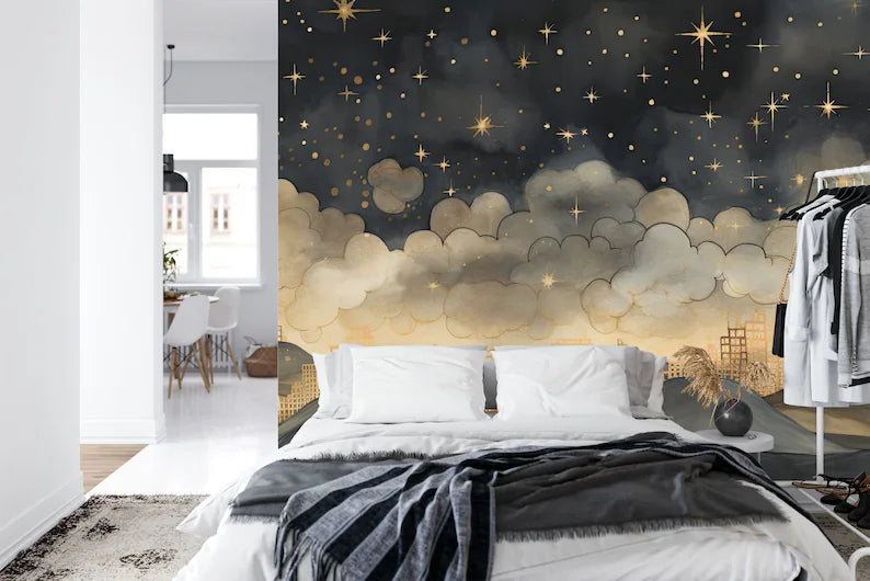 Gold Night Sky Wallpaper Mural, Stars, Clouds Gift