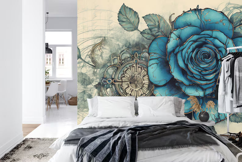 Blue Rose Steampunk Wallpaper Mural