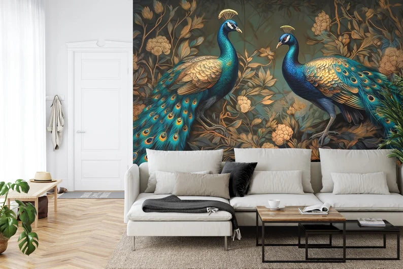 Peacock Wallpaper Mural, Abstract Gold Green Leaves