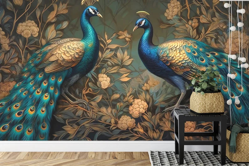 Peacock Wallpaper Mural, Abstract Gold Green Leaves