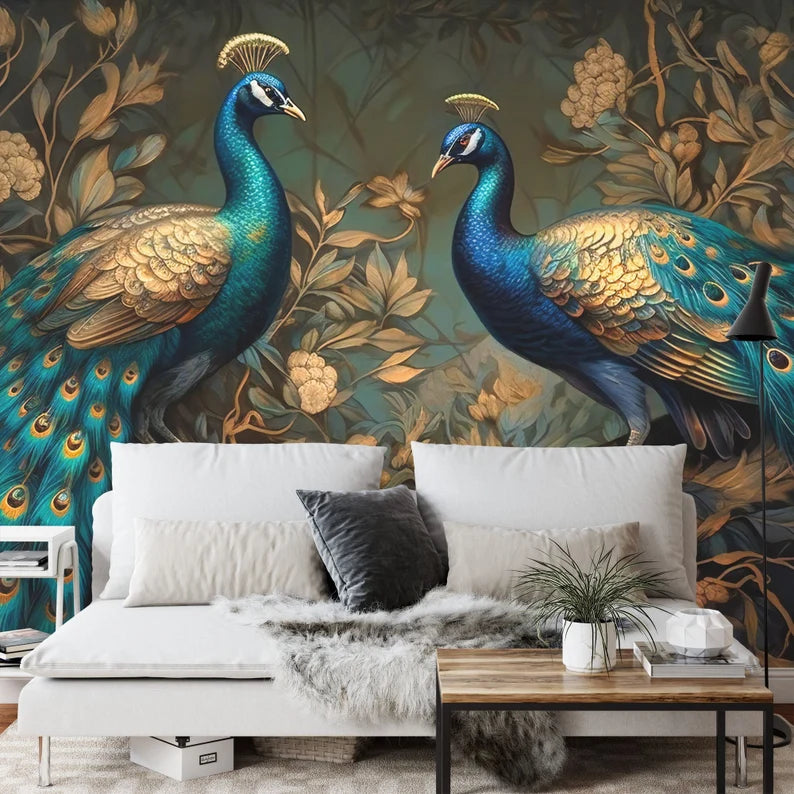 Peacock Wallpaper Mural, Abstract Gold Green Leaves