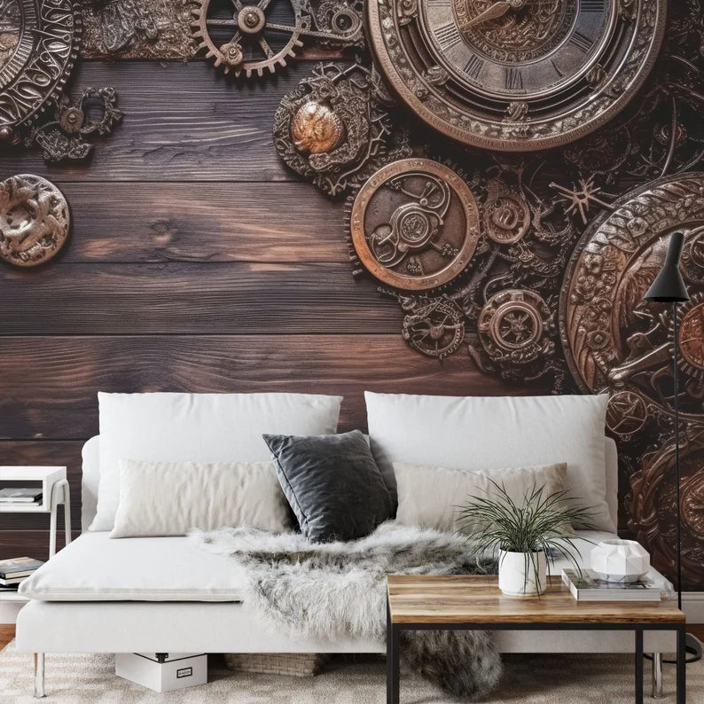 Steampunk Gear Wood Wallpaper Mural Art
