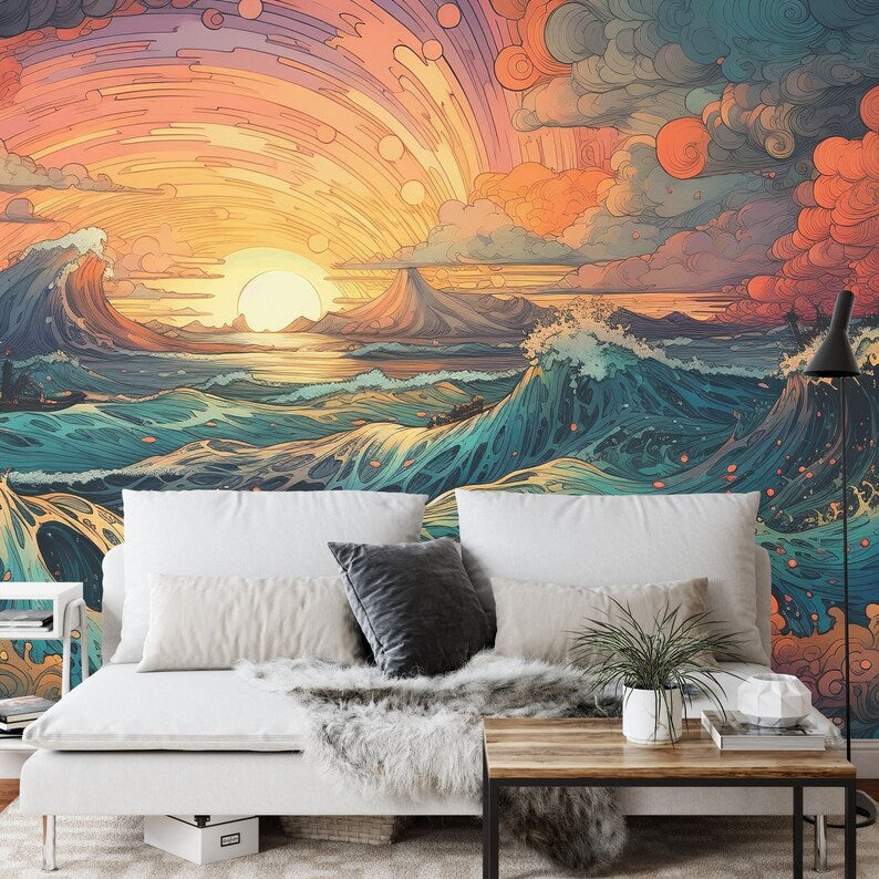 Psychedelic Manga Ocean Sunset Wall Mural Art Print