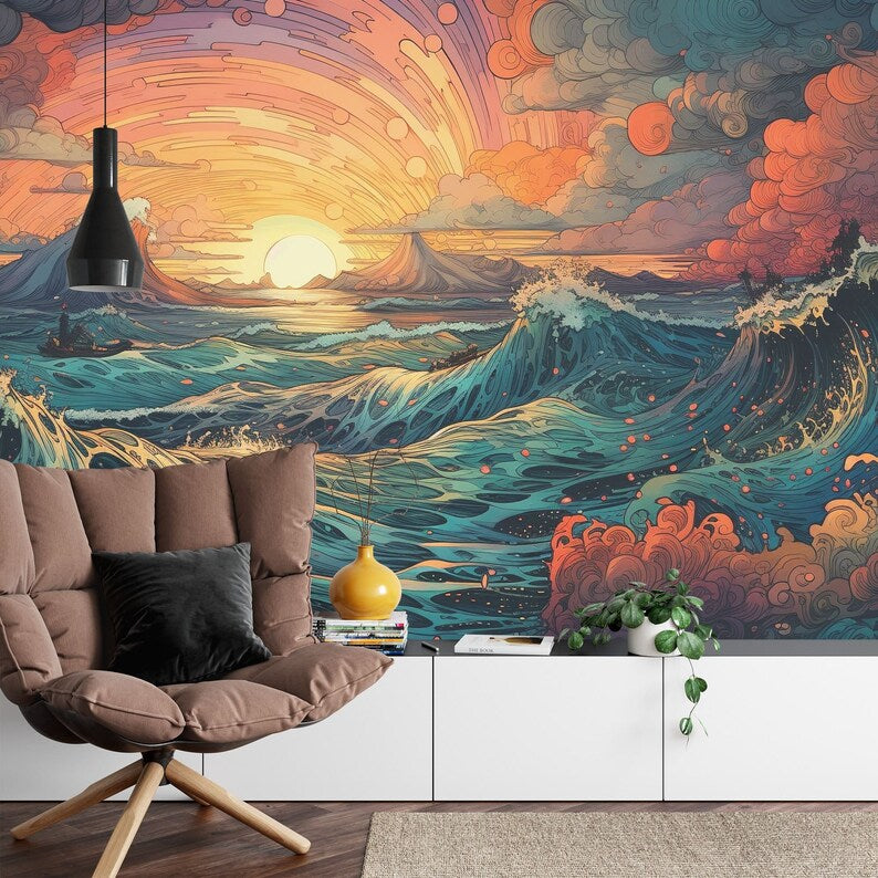 Psychedelic Manga Ocean Sunset Wall Mural Art Print