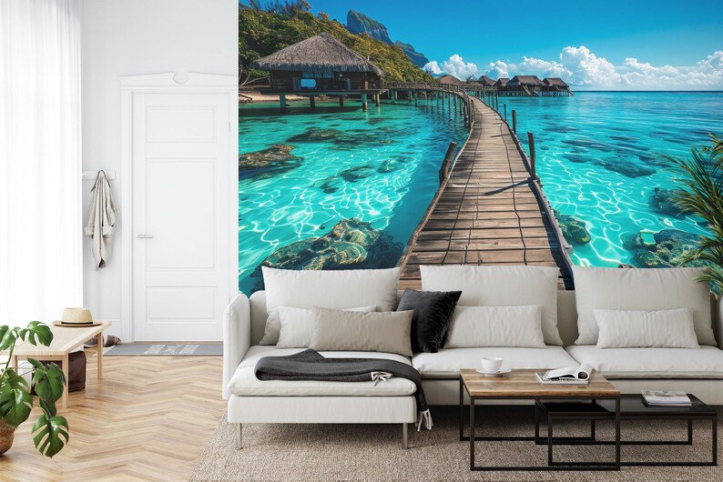 Tropical Bungalows Pier Wallpaper Mural Decal