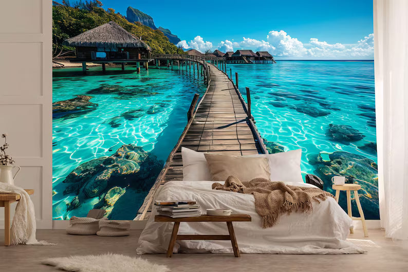 Tropical Bungalows Pier Wallpaper Mural Decal