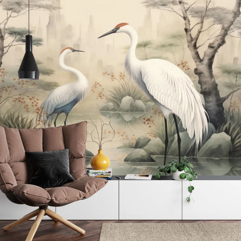 Heron Pond Mural, Painted Wallpaper Art print