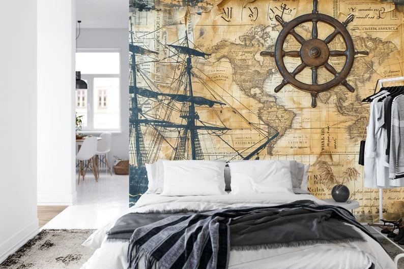 Nautical Map Wallpaper Mural Captain's Log Art Print