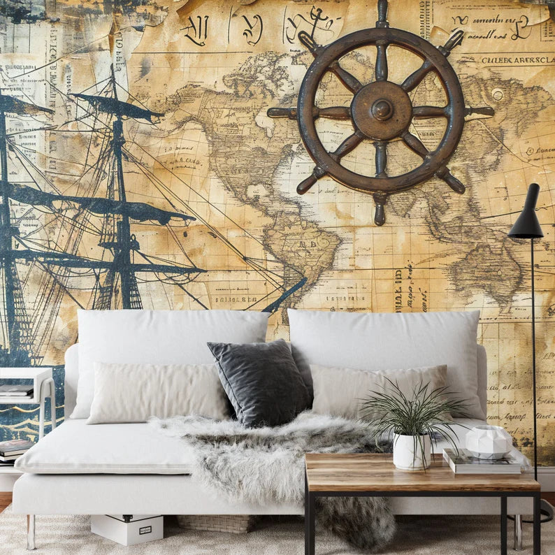Nautical Map Wallpaper Mural Captain's Log Art Print