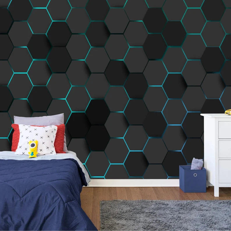 Wallpaper, Hexagonal Gaming Decor Wall Mural, Abstract Art Print