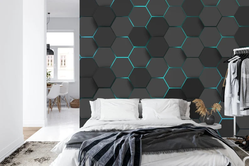Wallpaper, Hexagonal Gaming Decor Wall Mural, Abstract Art Print