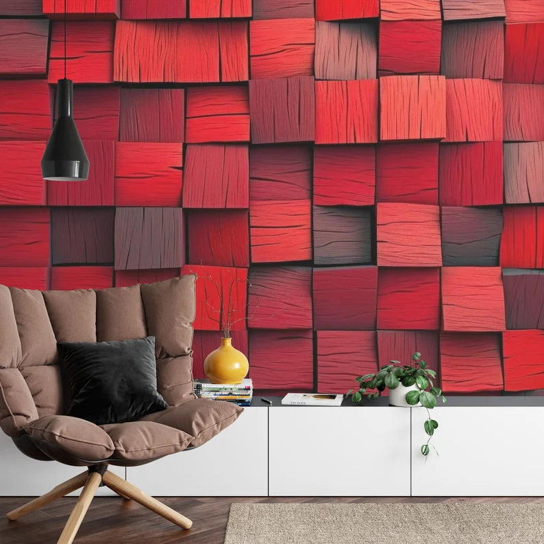 Red 3D Blocks Wallpaper Mural, Abstract Geometric Wall