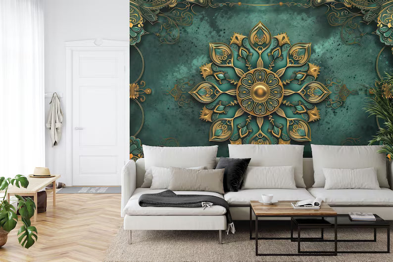 Green and Gold Mandala Wallpaper Mural Gift Art Print