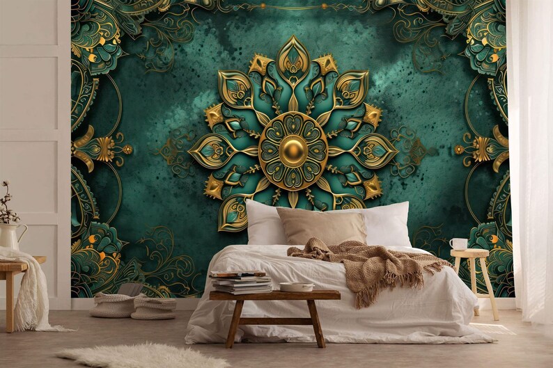 Green and Gold Mandala Wallpaper Mural Gift Art Print