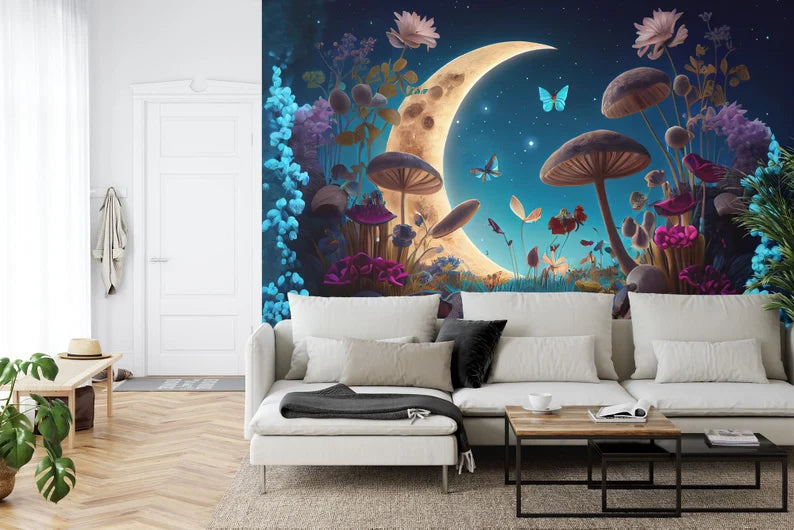 Wonderland Mushroom Mural, Lilies and Flowers Gift