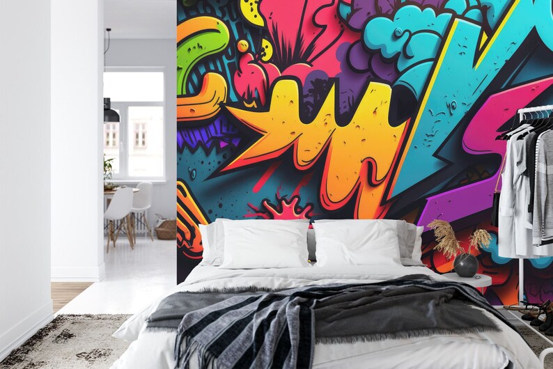 3D Neon Graffiti Wall Mural, Abstract Art Print