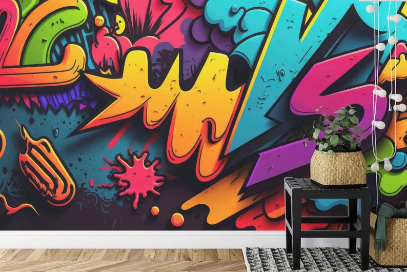 3D Neon Graffiti Wall Mural, Abstract Art Print