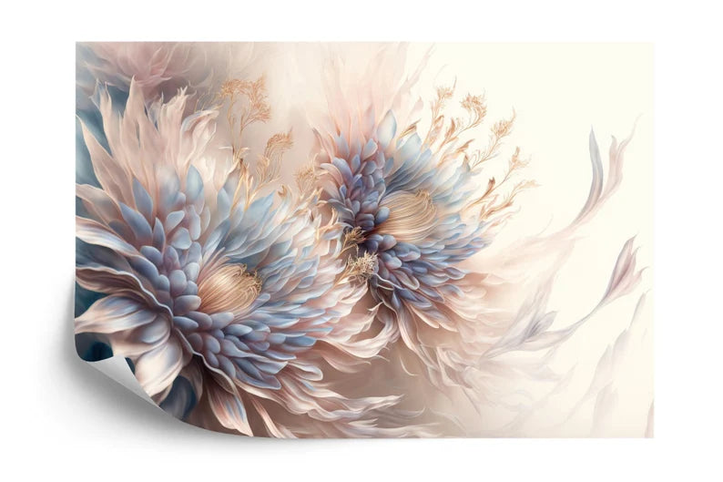 Floral art print wallpaper showcasing romantic pastel color palette with pink and blue blooms