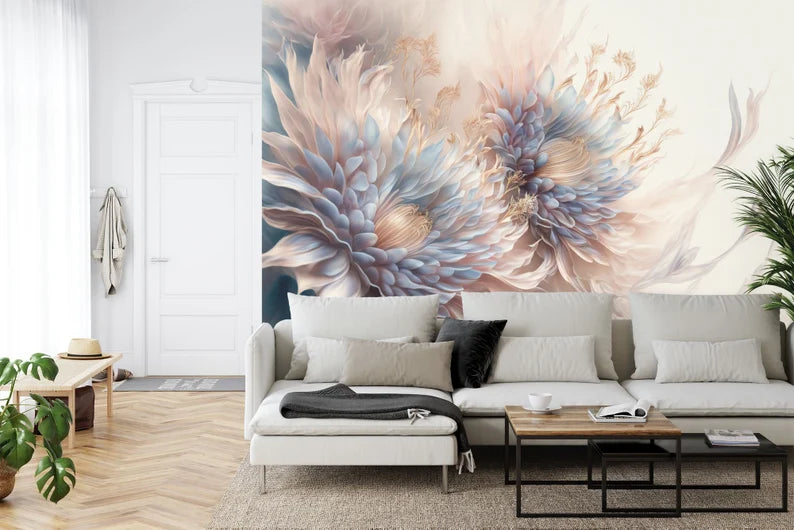 Close-up detail of pastel floral wallpaper showing delicate pink and blue blooms