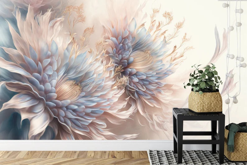 Pastel floral wallpaper design featuring soft pink roses and blue flowers in watercolor style