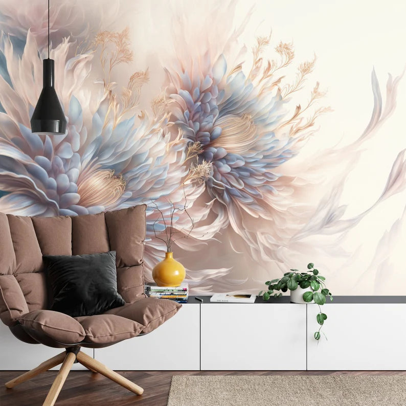 Detail view of pastel floral pattern with pink and blue flowers on white background