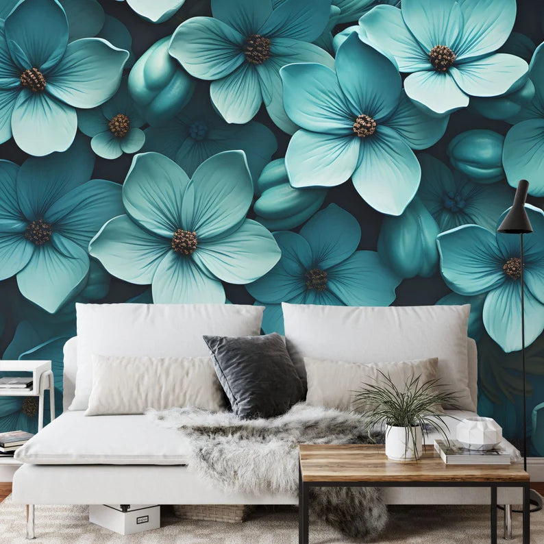 Teal Floral Wallpaper Mural | Blooming Flower Wall Decal
