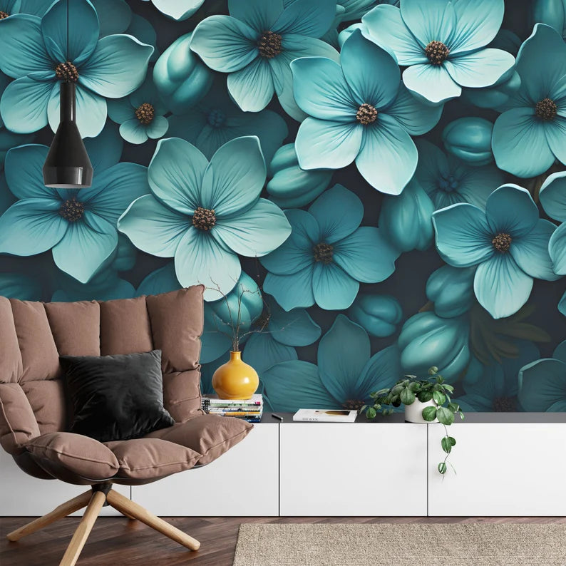 Teal Floral Wallpaper Mural | Blooming Flower Wall Decal