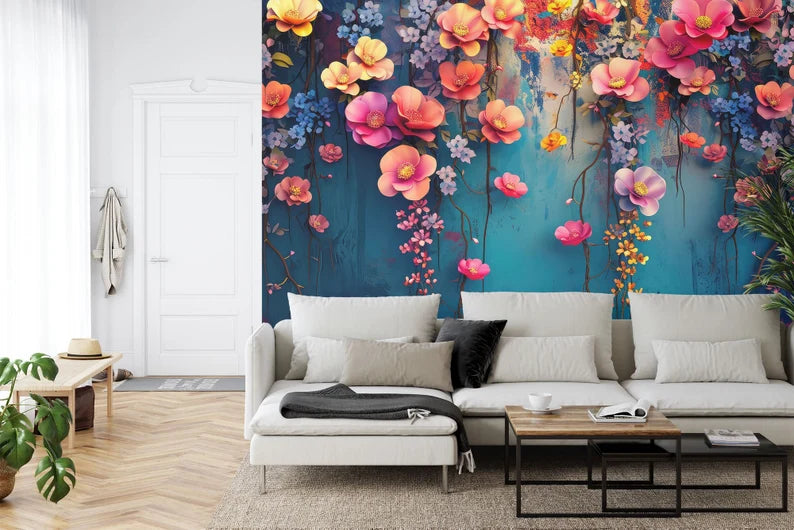 Close-up detail of floral wall mural showing pink cherry blossoms and green leaves