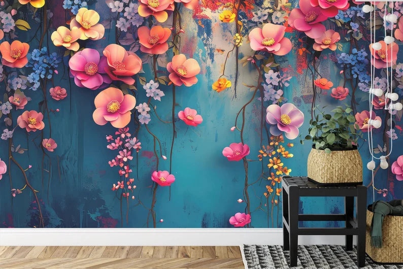 Botanical wall mural featuring cascading flower branches with soft pink blooms