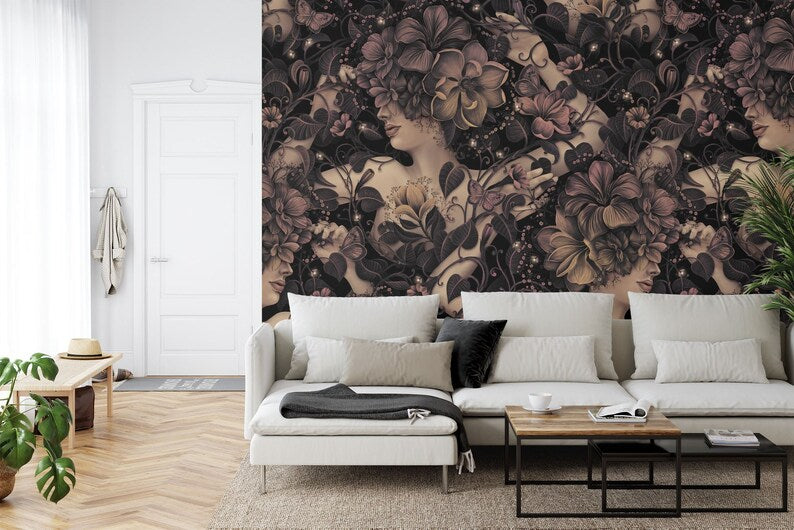 Vintage Floral Women Wallpaper Mural, Fireflies, Ivy
