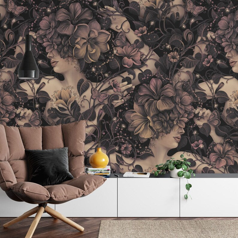 Vintage Floral Women Wallpaper Mural, Fireflies, Ivy
