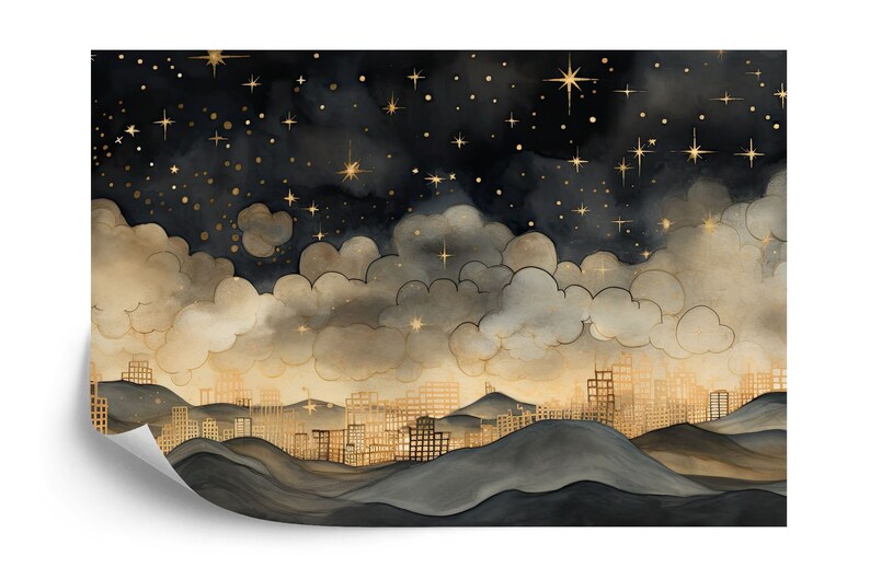 Gold Night Sky Wallpaper Mural, Stars, Clouds Gift