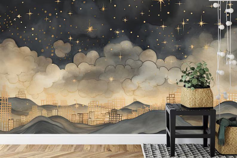 Gold Night Sky Wallpaper Mural, Stars, Clouds Gift