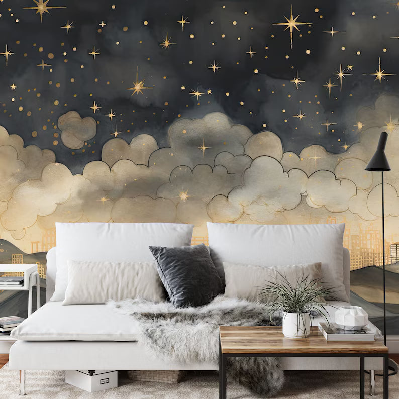 Gold Night Sky Wallpaper Mural, Stars, Clouds Gift