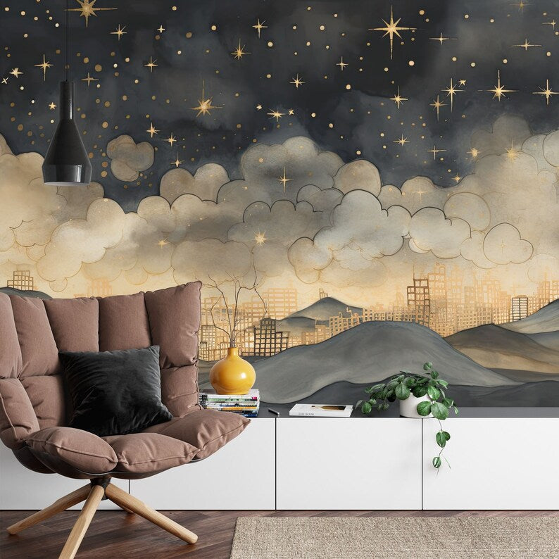 Gold Night Sky Wallpaper Mural, Stars, Clouds Gift
