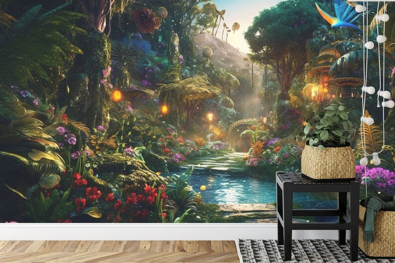 Glowing Fantasy Forest Wallpaper Mural, Peel and Stick Art Print