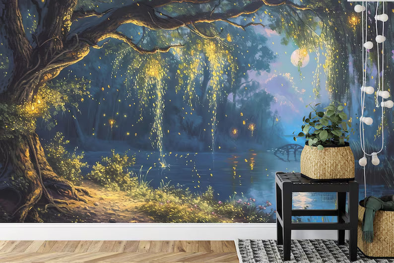 Mystical Forest Tree Wall Mural, Romantic Sky Moon Art