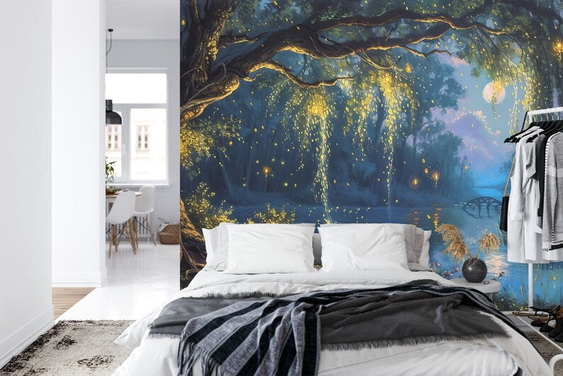 Mystical Forest Tree Wall Mural, Romantic Sky Moon Art