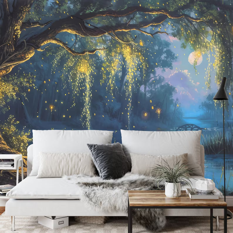 Mystical Forest Tree Wall Mural, Romantic Sky Moon Art