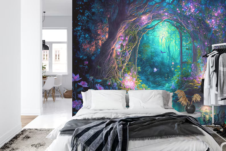 Fantasy Forest Wallpaper Mural, Purple Cyan