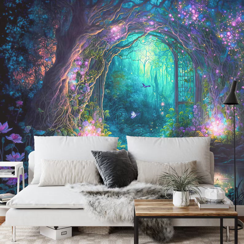 Fantasy Forest Wallpaper Mural, Purple Cyan