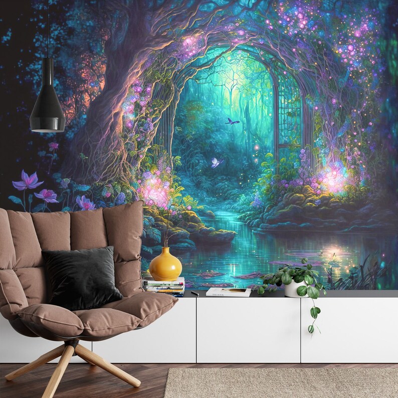 Fantasy Forest Wallpaper Mural, Purple Cyan