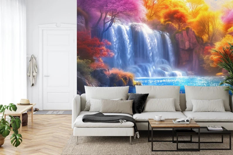 Fantasy Waterfall Wall Mural: Autumn Trees, Flowers
