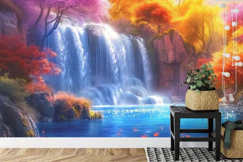 Fantasy Waterfall Wall Mural: Autumn Trees, Flowers