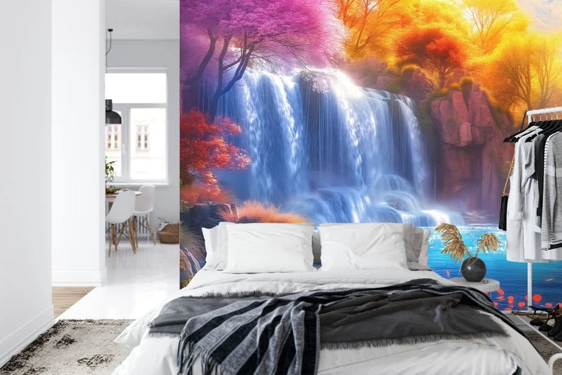 Fantasy Waterfall Wall Mural: Autumn Trees, Flowers