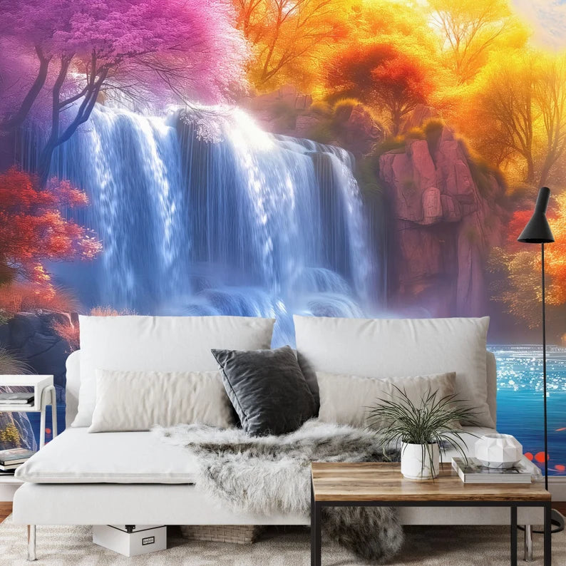 Fantasy Waterfall Wall Mural: Autumn Trees, Flowers