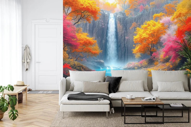 Fantasy Waterfall Wallpaper Mural, Autumn Trees Flowers