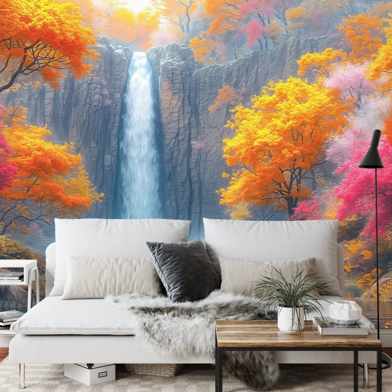 Fantasy Waterfall Wallpaper Mural, Autumn Trees Flowers